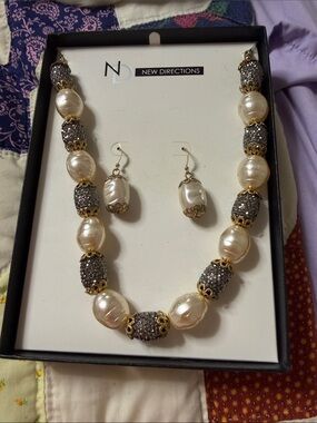 new directions Pearl and Gold Bead Statement Necklace with Gray Pavé Accents
